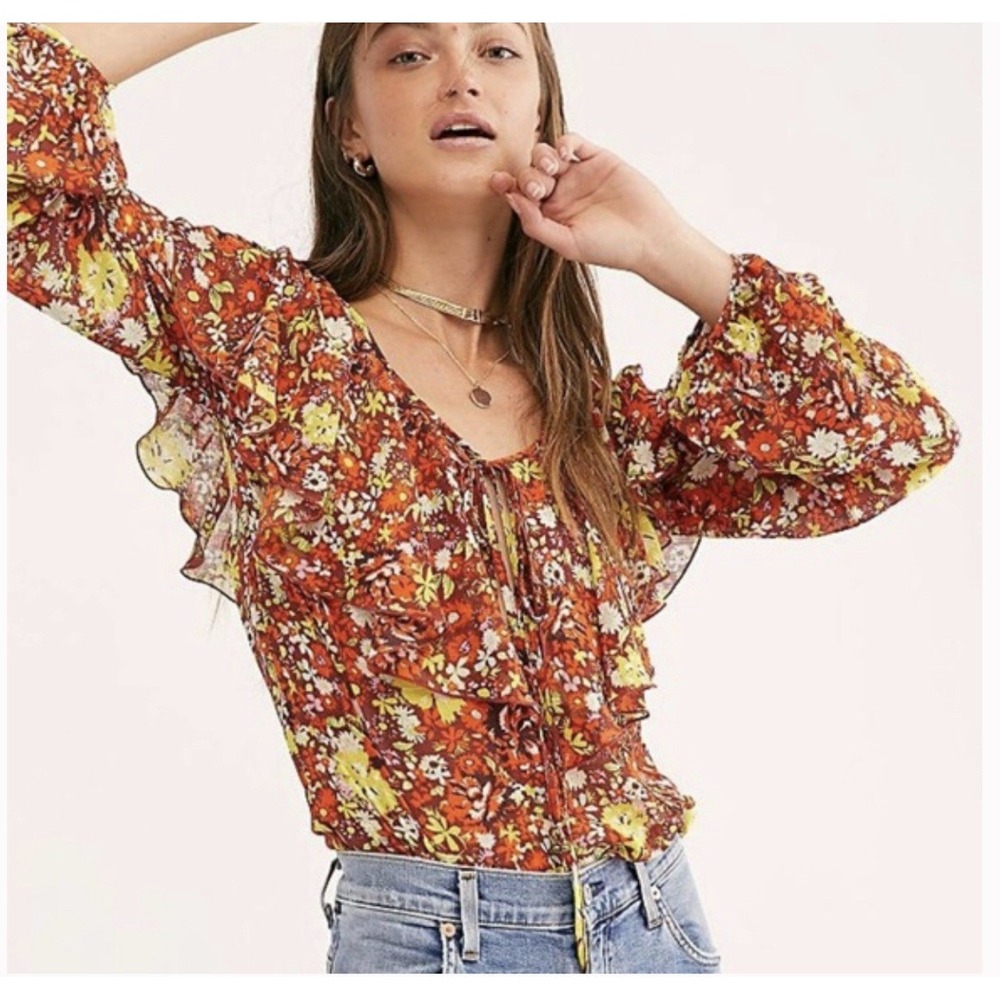 NWOT Free People Say It To Me Bodysuit Sz Large Red Sienna Floral Long Sleeve